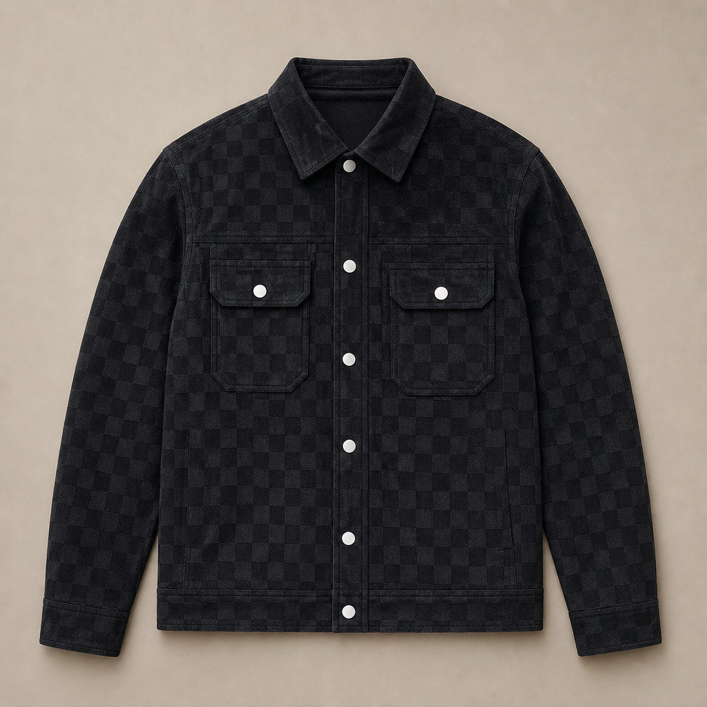 Checked Jacket Velour Suede Black – Flat Lay Product Photo