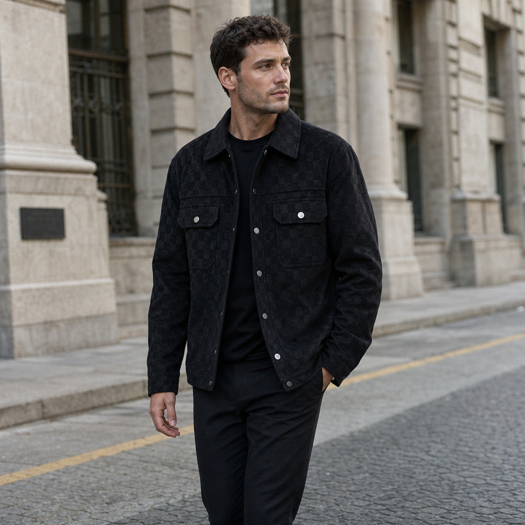 Checked Jacket Velour Suede Black – Styled Editorial Shot
