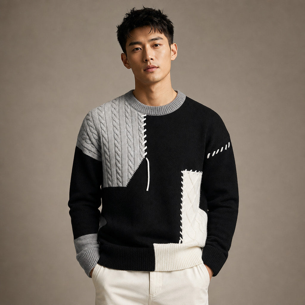 Color Block Knit Sweater Crew Neck in Black – Tarlano Premium Menswear