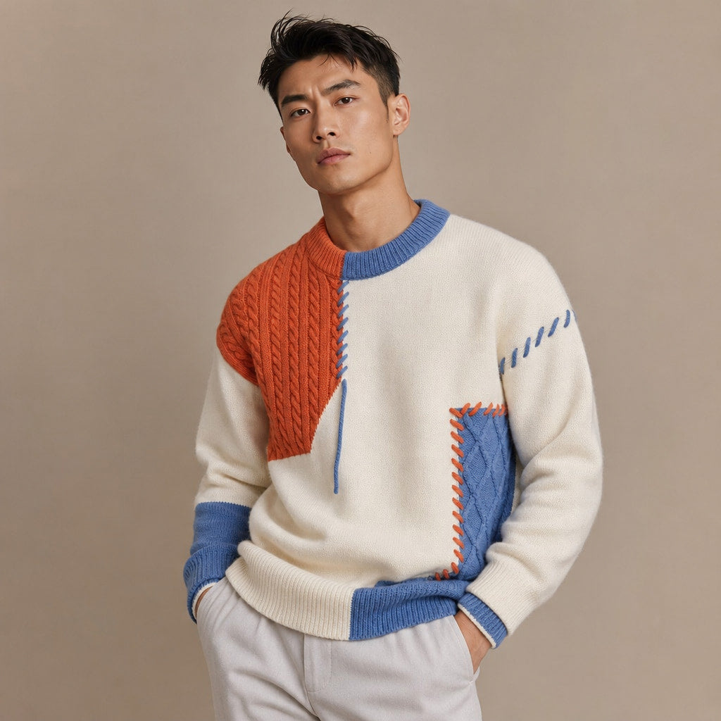 Color Block Knit Sweater Crew Neck Orange – Side Angle View