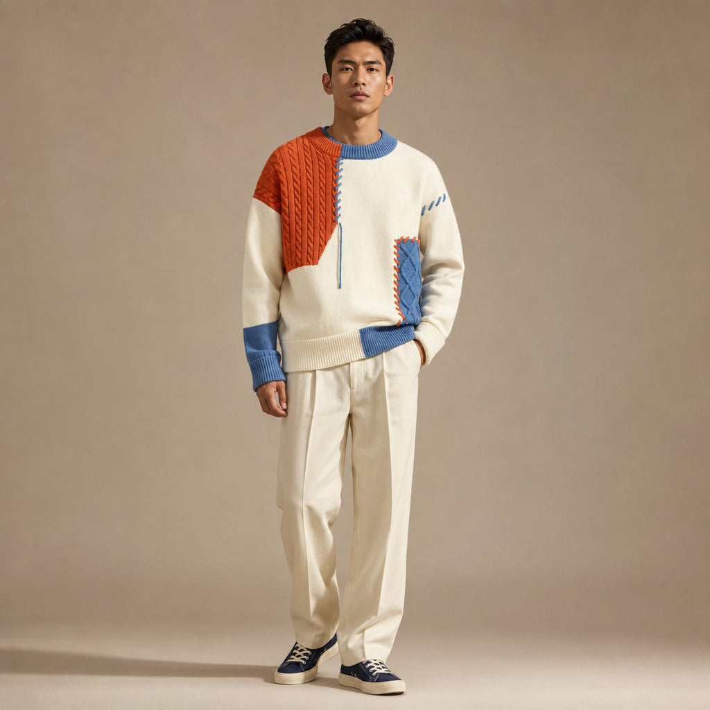 Color Block Knit Sweater Crew Neck Orange – Full Look