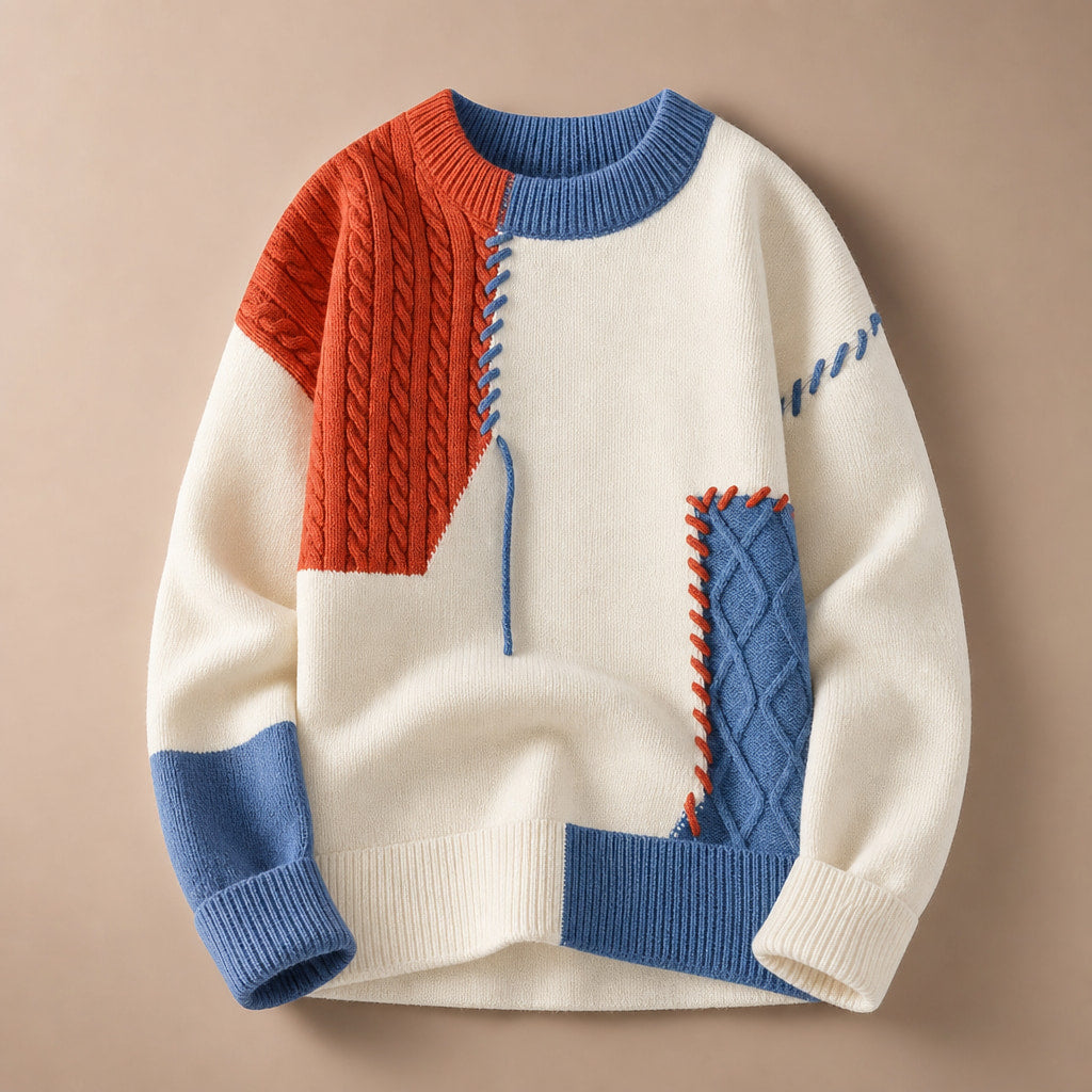 Color Block Knit Sweater Crew Neck Orange – Product Photo