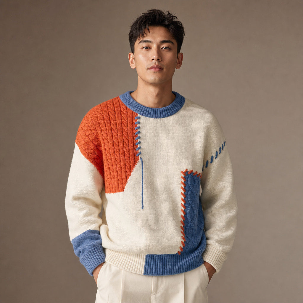 Color Block Knit Sweater Crew Neck in Orange – Tarlano Premium Menswear