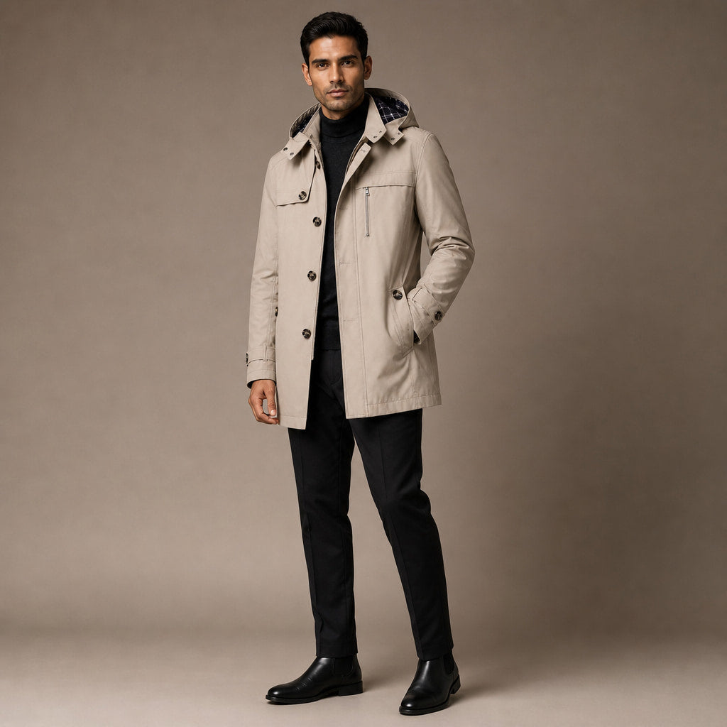 Trench Coat Hooded Long Cotton Fit Beige – Side Angle View