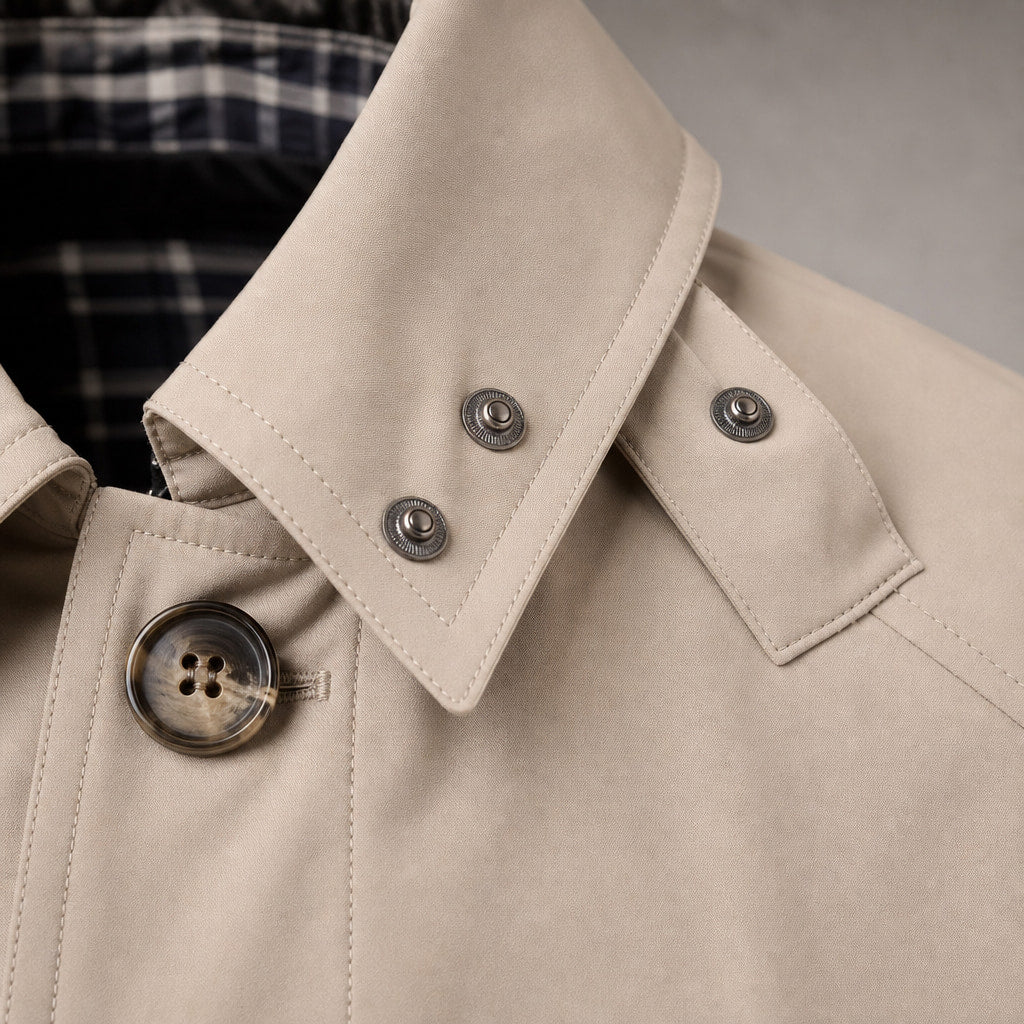 Trench Coat Hooded Long Cotton Fit Beige – Fabric and Detail Close-Up