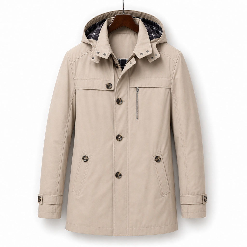 Trench Coat Hooded Long Cotton Fit Beige – Product Photo