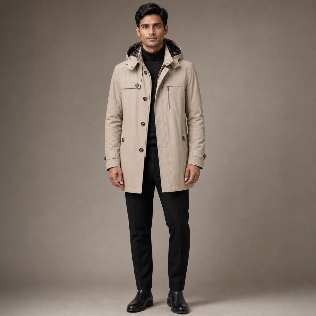 Trench Coat Hooded Long Cotton Fit in Beige – Tarlano Premium Menswear
