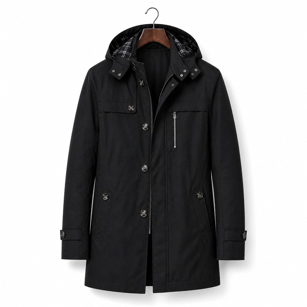 Trench Coat Hooded Long Cotton Fit Black – Product Photo