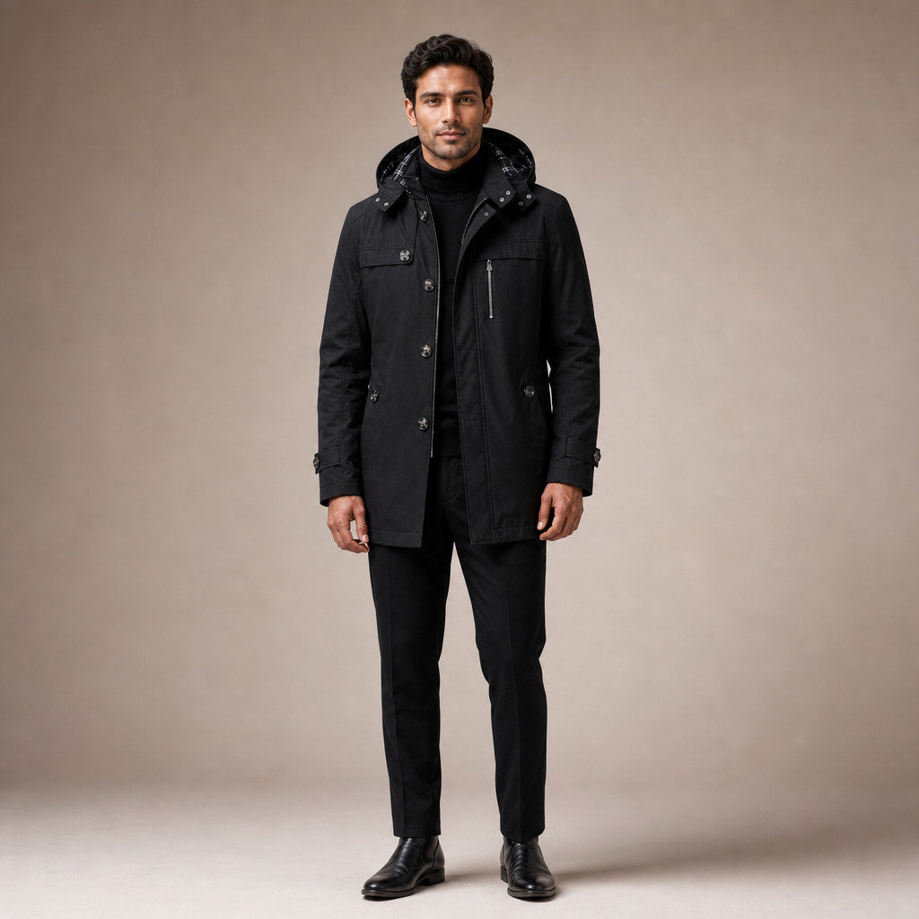 Trench Coat Hooded Long Cotton Fit in Black – Tarlano Premium Menswear