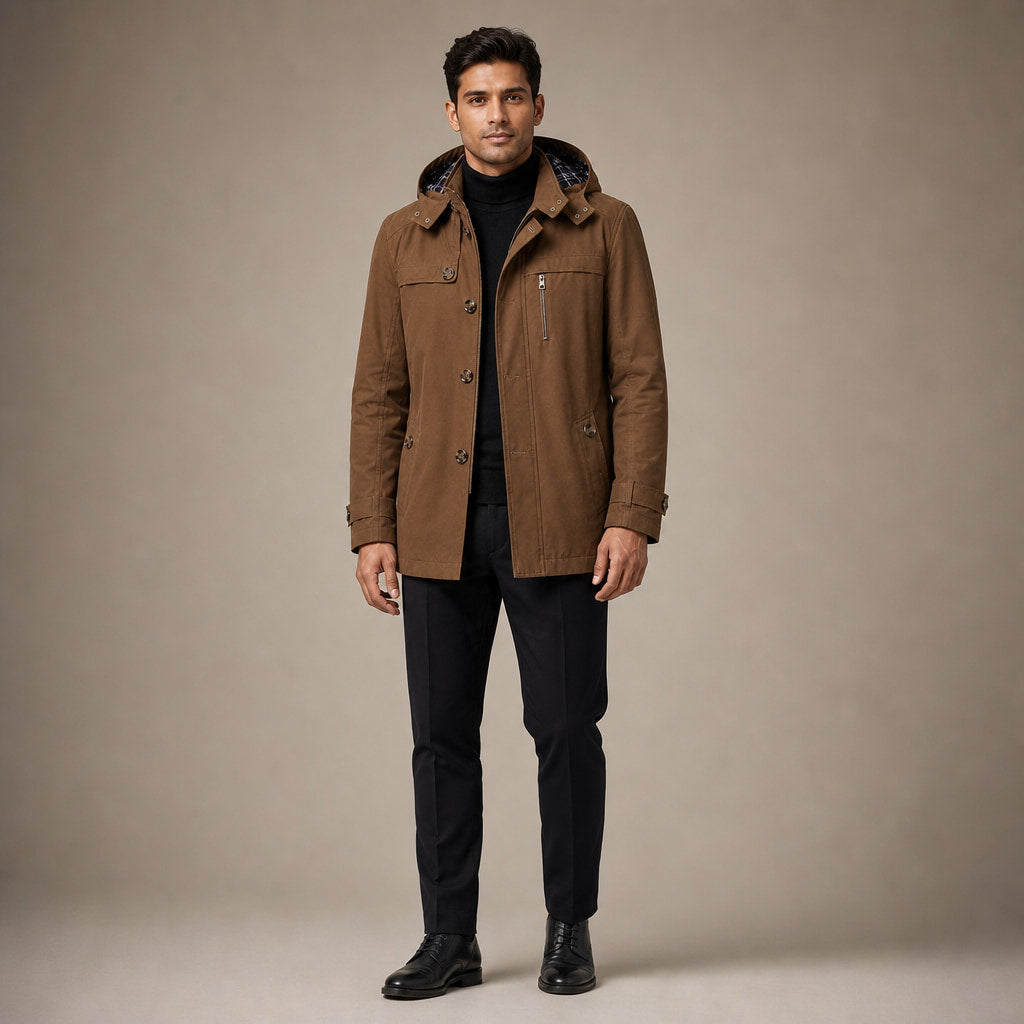 Trench Coat Hooded Long Cotton Fit in Brown – Tarlano Premium Menswear