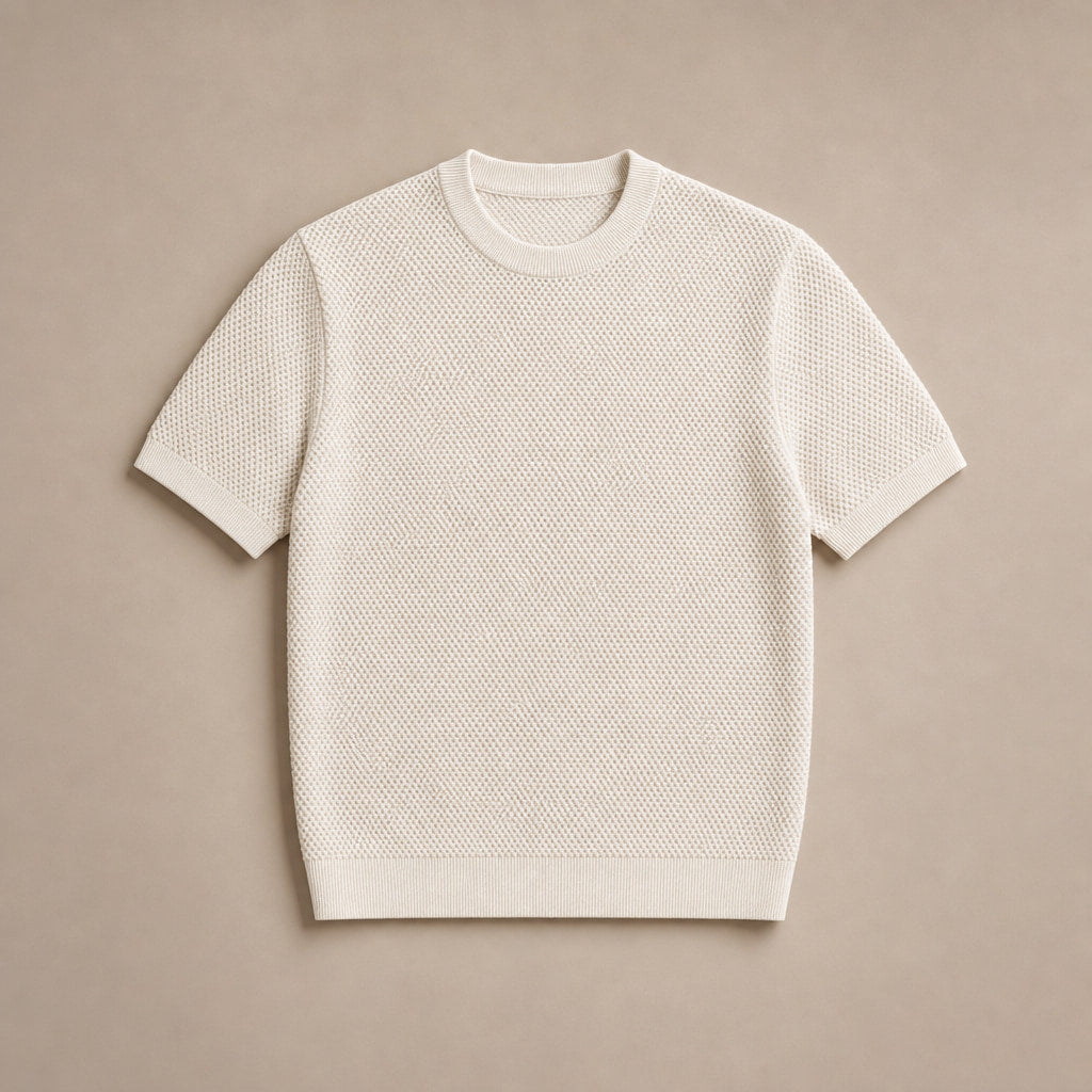 Textured Knit T-Shirt Crew Neck Beige – Product Photo