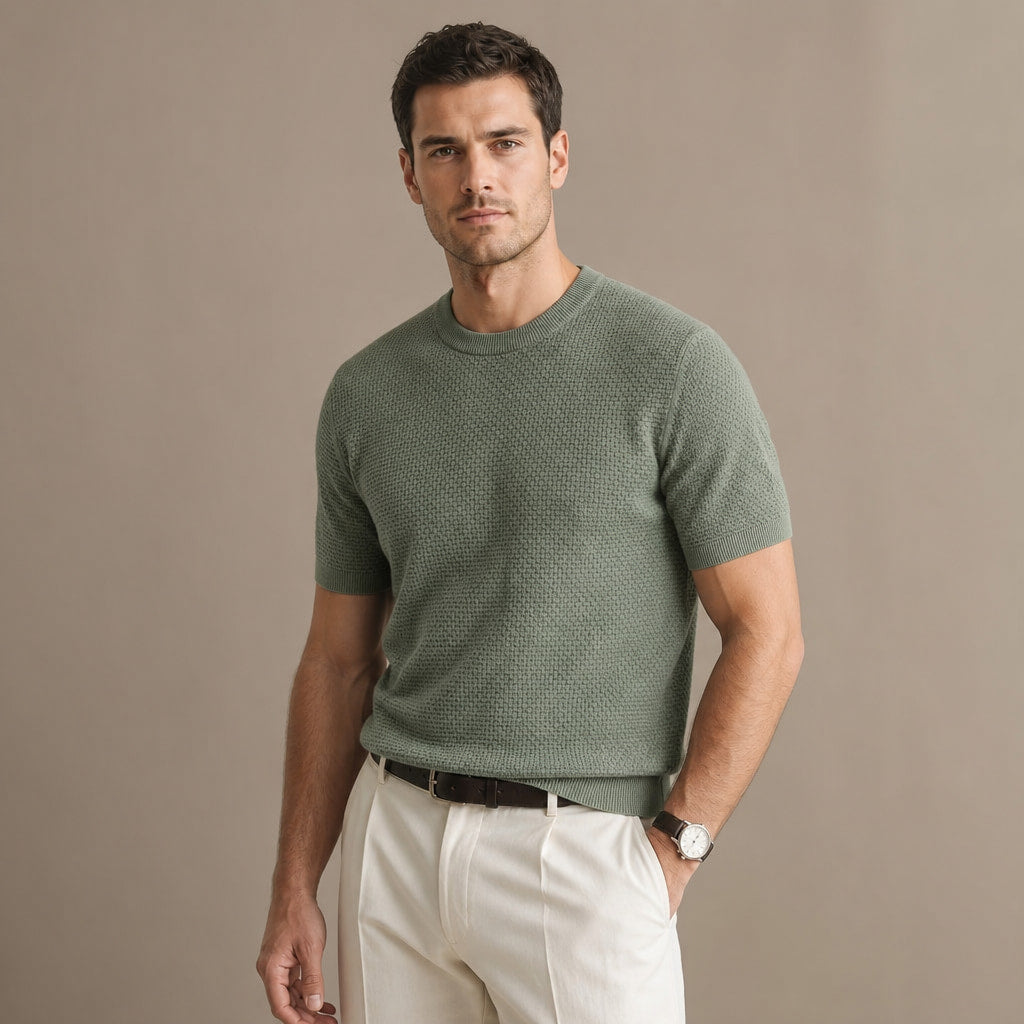 Textured Knit T-Shirt Crew Neck Green – Side Angle View