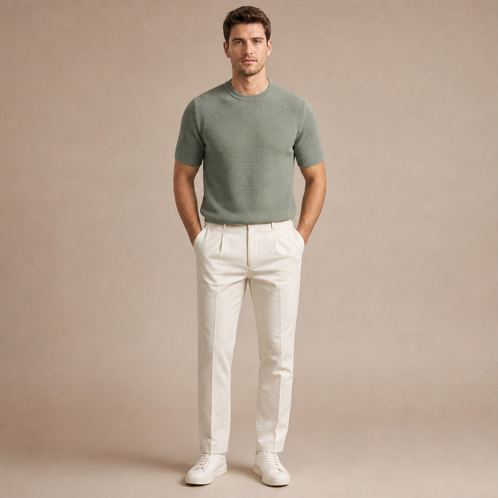 Textured Knit T-Shirt Crew Neck Green – Full Look