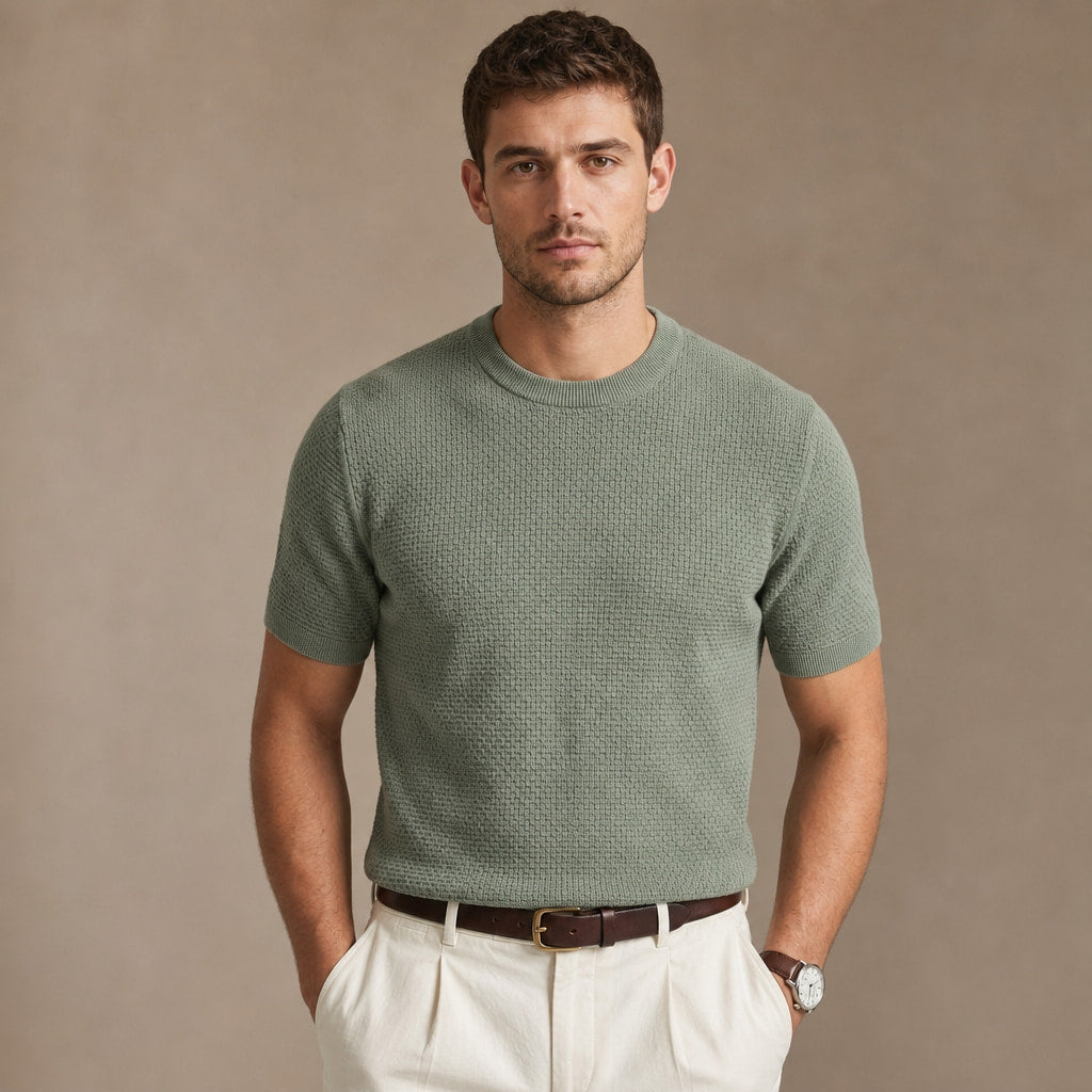 Textured Knit T-Shirt Crew Neck in Green – Tarlano Premium Menswear