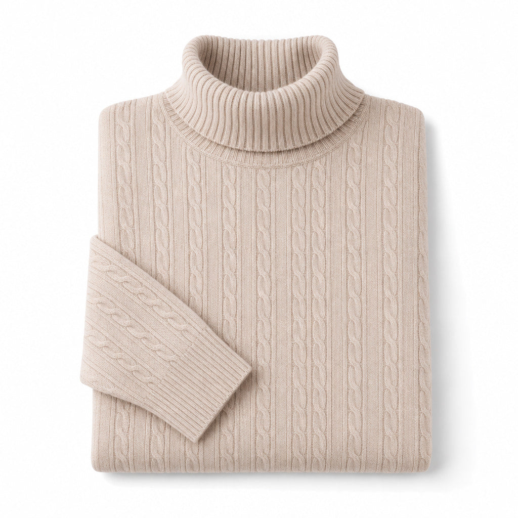 Turtleneck Sweater Cable Knit Slim Fit Beige – Product Photo
