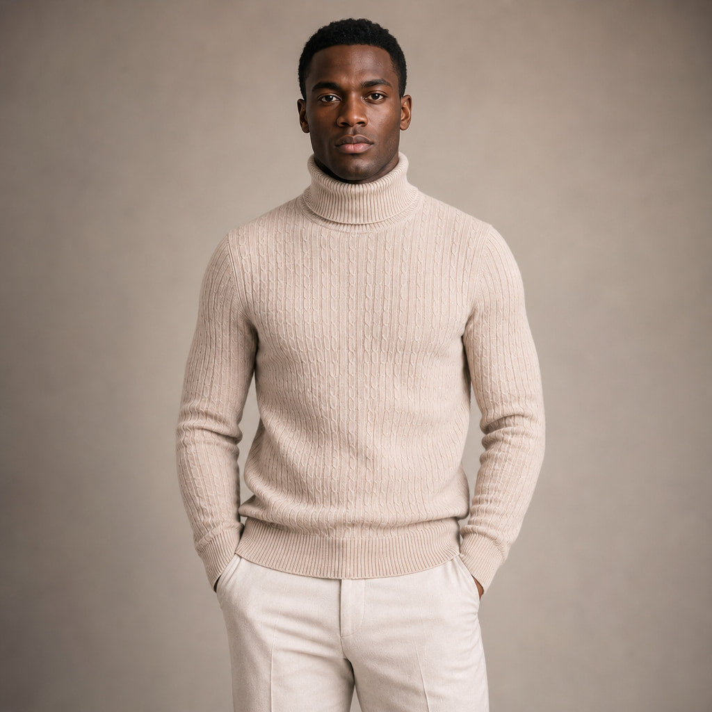 Turtleneck Sweater Cable Knit Slim Fit in Beige – Tarlano Premium Menswear