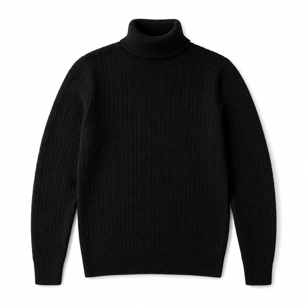 Turtleneck Sweater Cable Knit Slim Fit Black – Product Photo