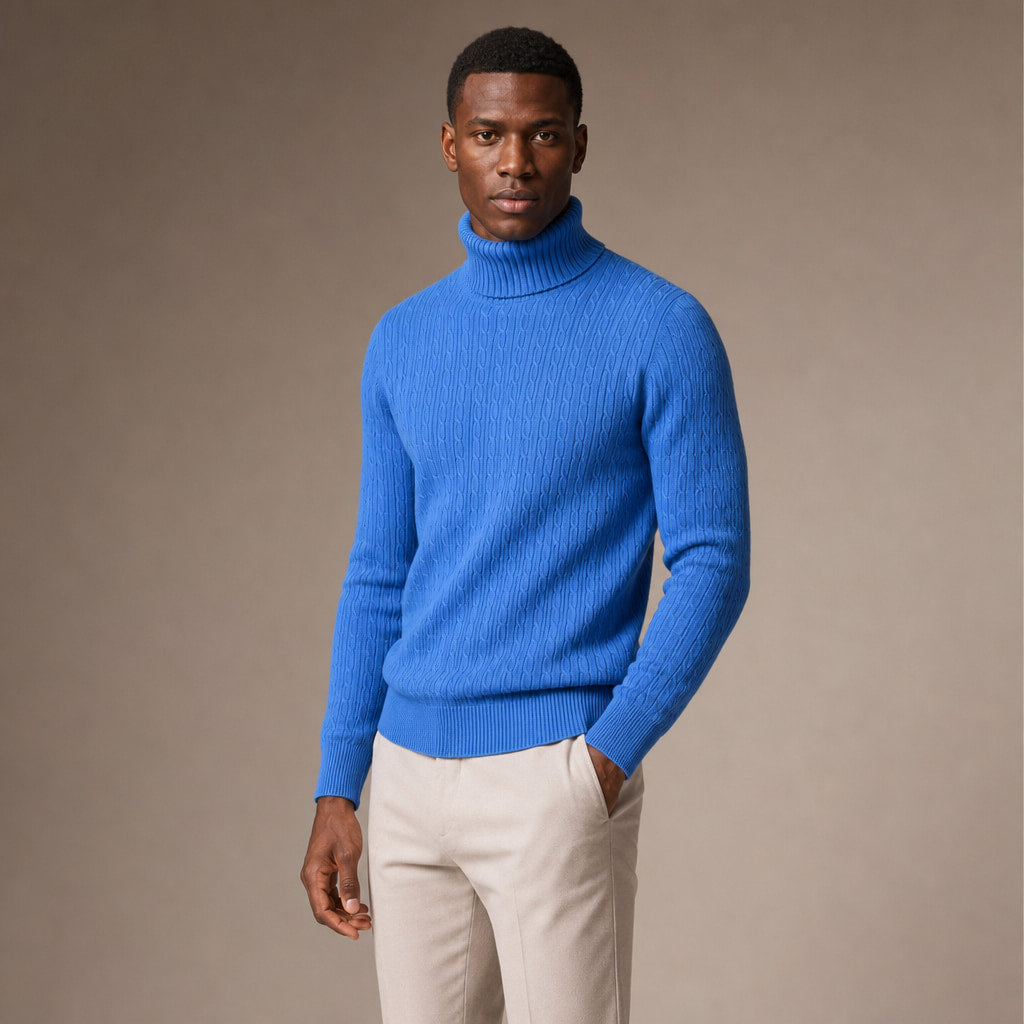 Turtleneck Sweater Cable Knit Slim Fit Blue – Side Angle View