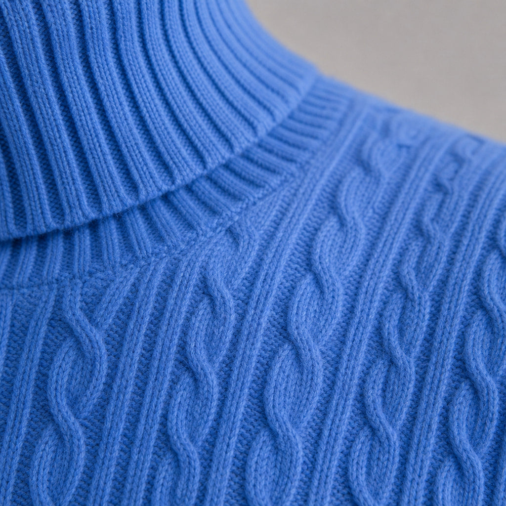 Turtleneck Sweater Cable Knit Slim Fit Blue – Fabric and Detail Close-Up