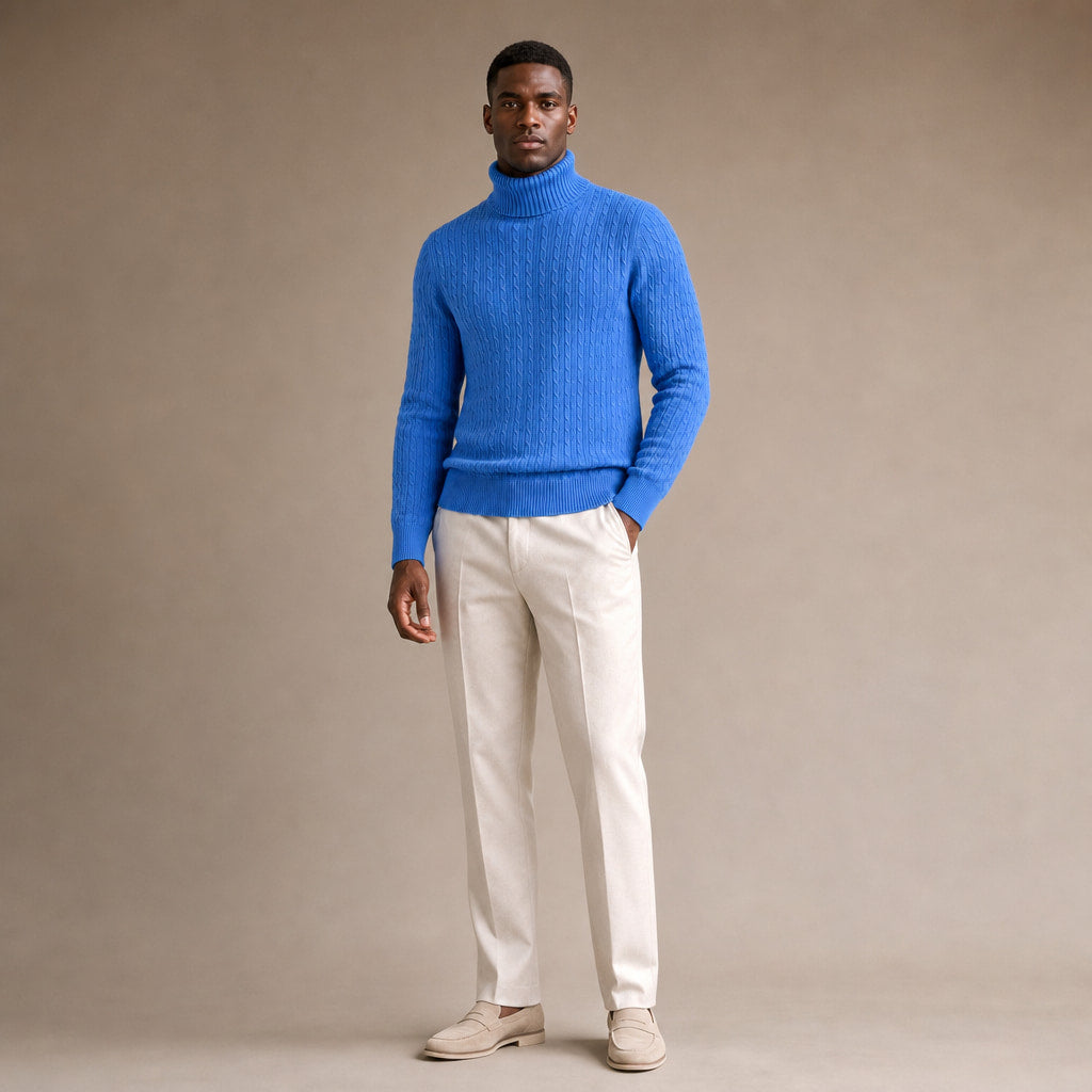 Turtleneck Sweater Cable Knit Slim Fit Blue – Full Look