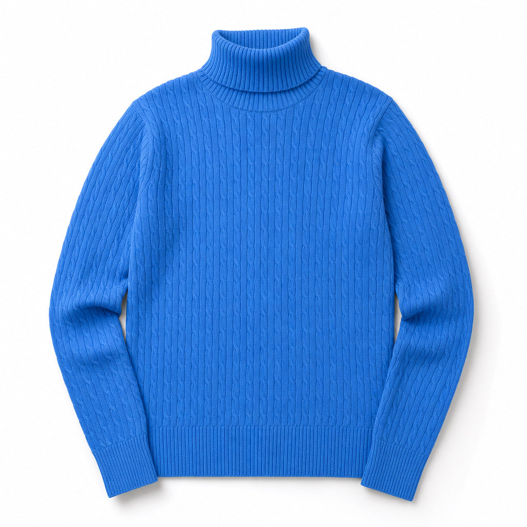 Turtleneck Sweater Cable Knit Slim Fit Blue – Product Photo