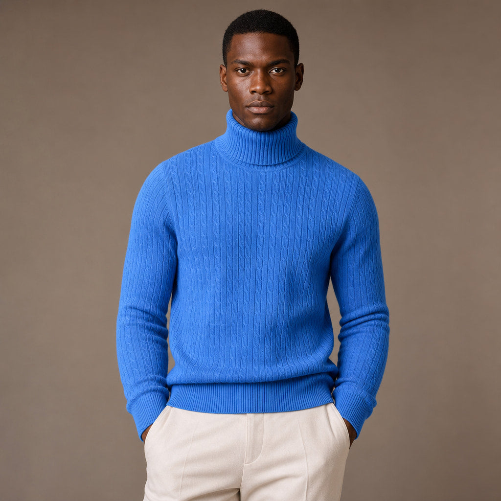 Turtleneck Sweater Cable Knit Slim Fit in Blue – Tarlano Premium Menswear