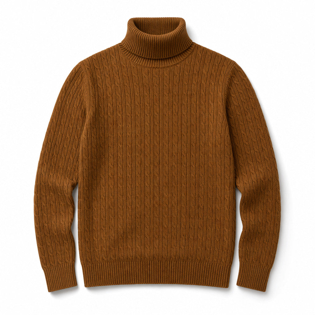 Turtleneck Sweater Cable Knit Slim Fit Brown – Product Photo