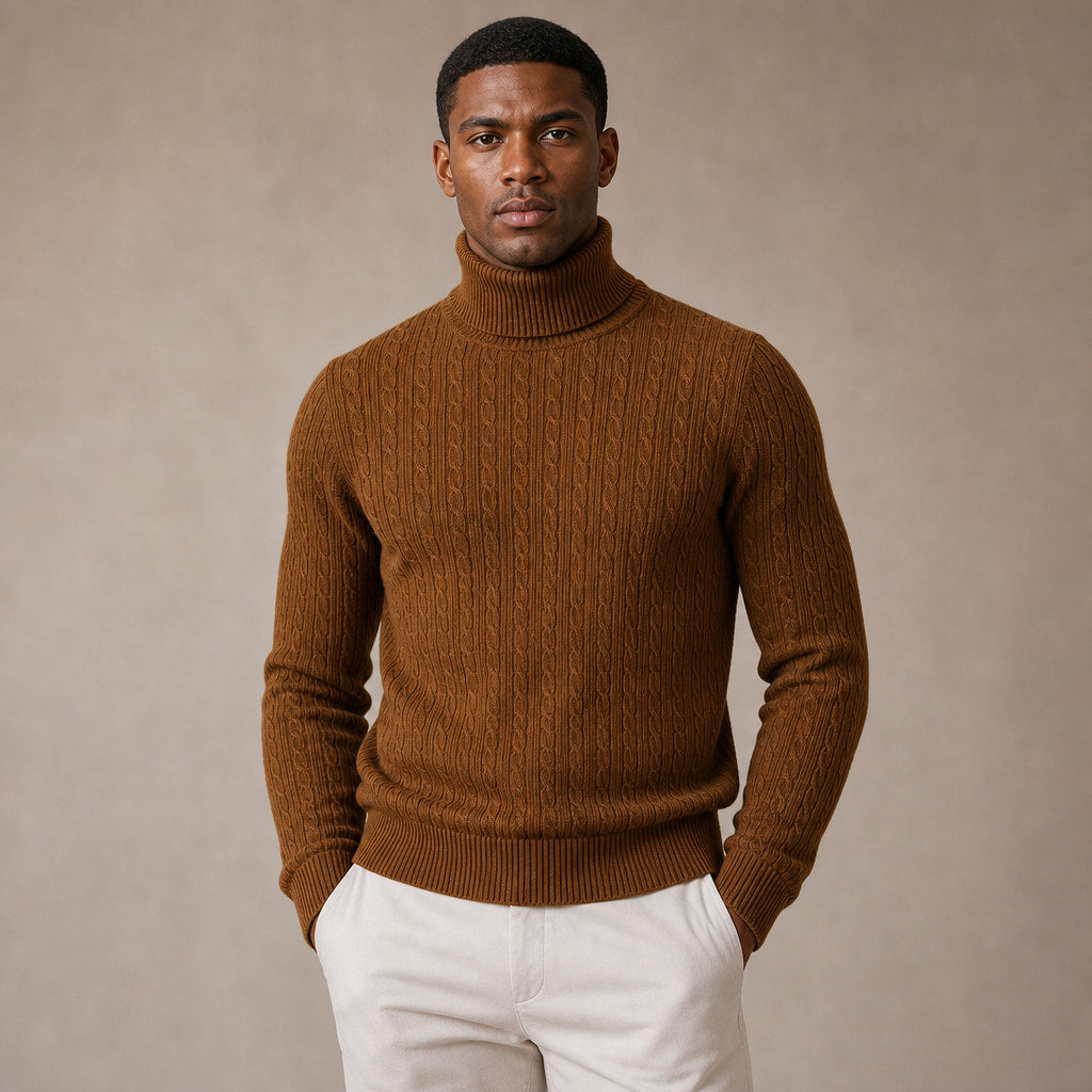 Turtleneck Sweater Cable Knit Slim Fit in Brown – Tarlano Premium Menswear