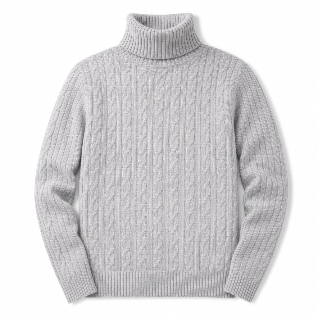 Turtleneck Sweater Cable Knit Slim Fit Light Gray – Product Photo