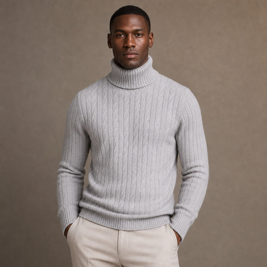 Turtleneck Sweater Cable Knit Slim Fit in Light Gray – Tarlano Premium Menswear