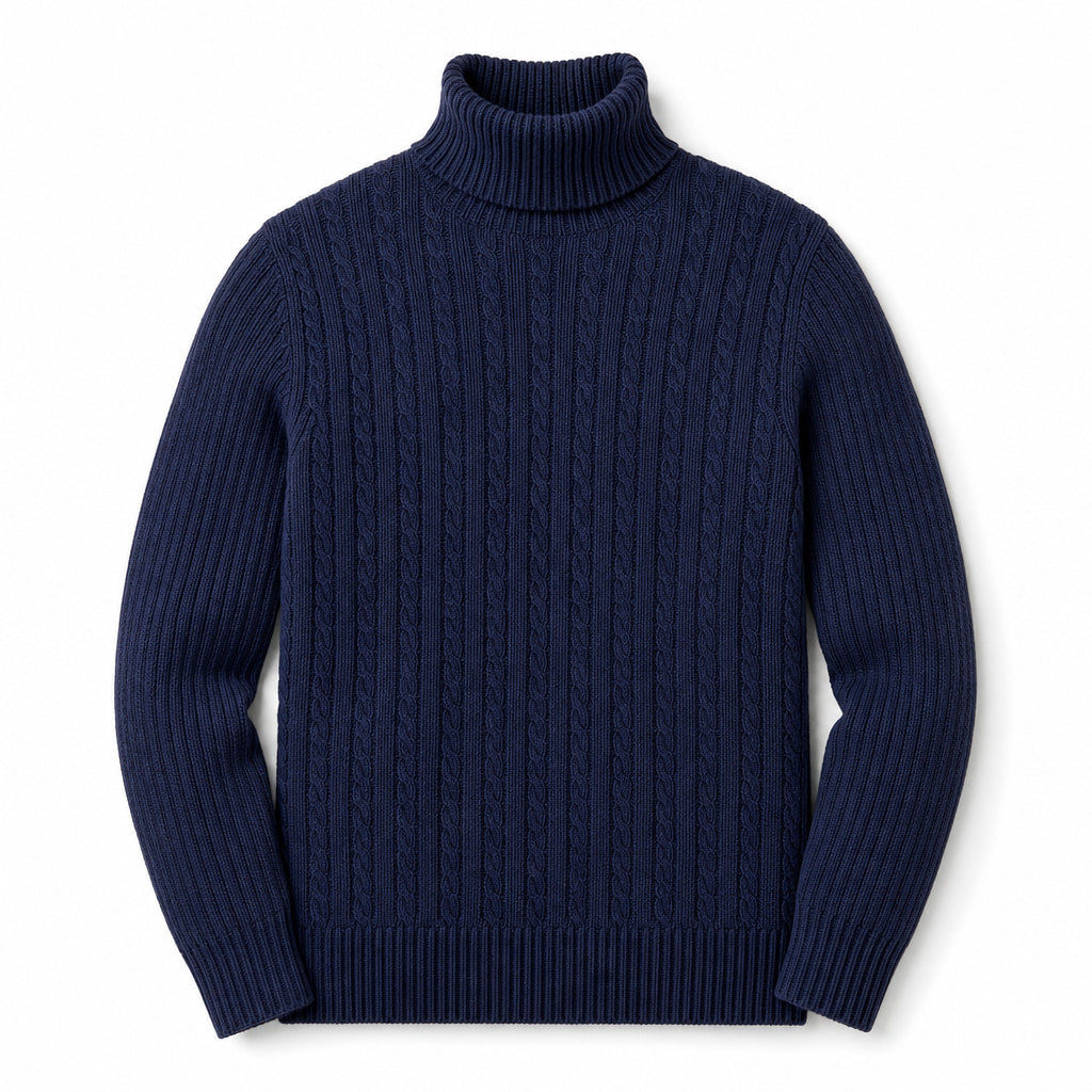 Turtleneck Sweater Cable Knit Slim Fit Navy – Product Photo