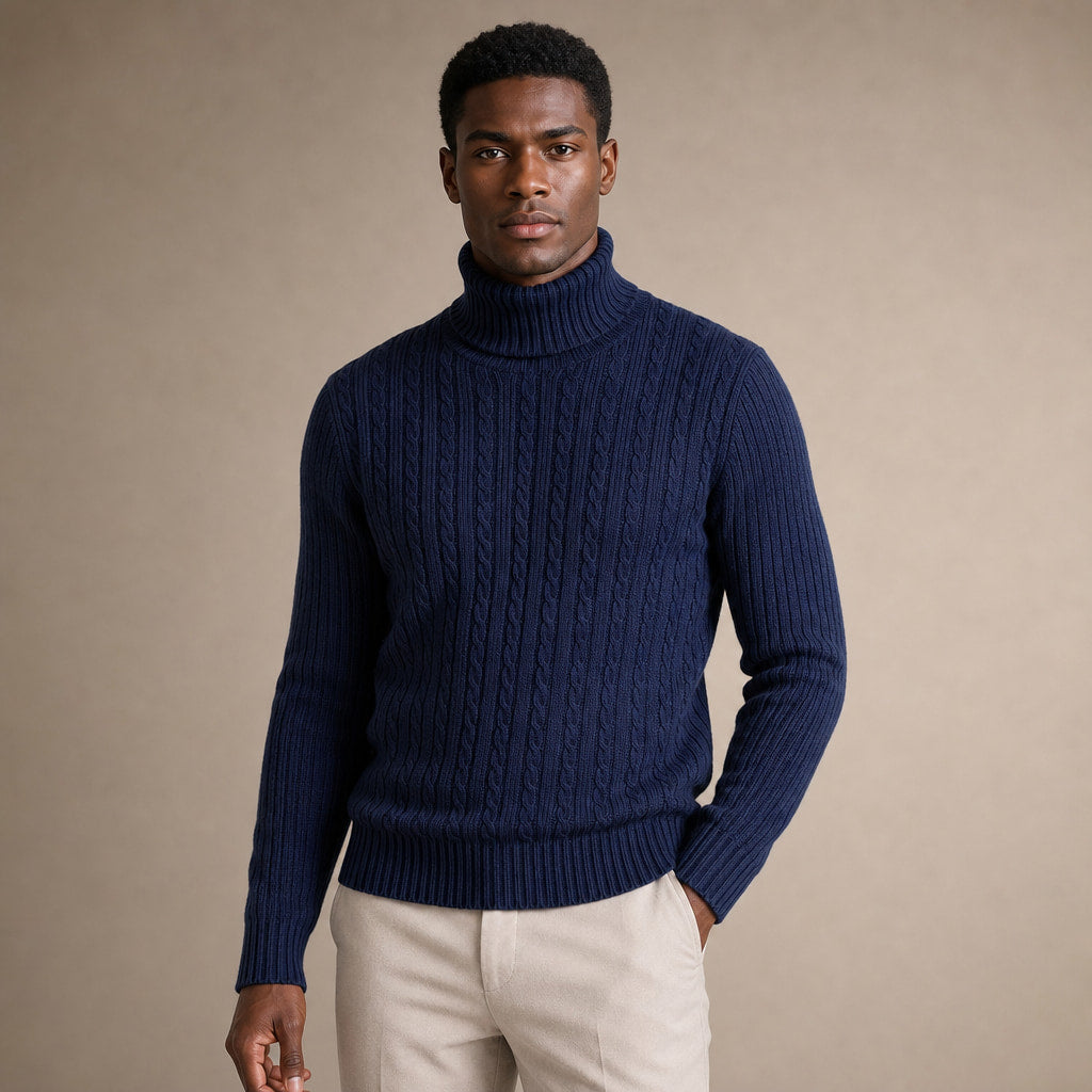 Turtleneck Sweater Cable Knit Slim Fit in Navy – Tarlano Premium Menswear
