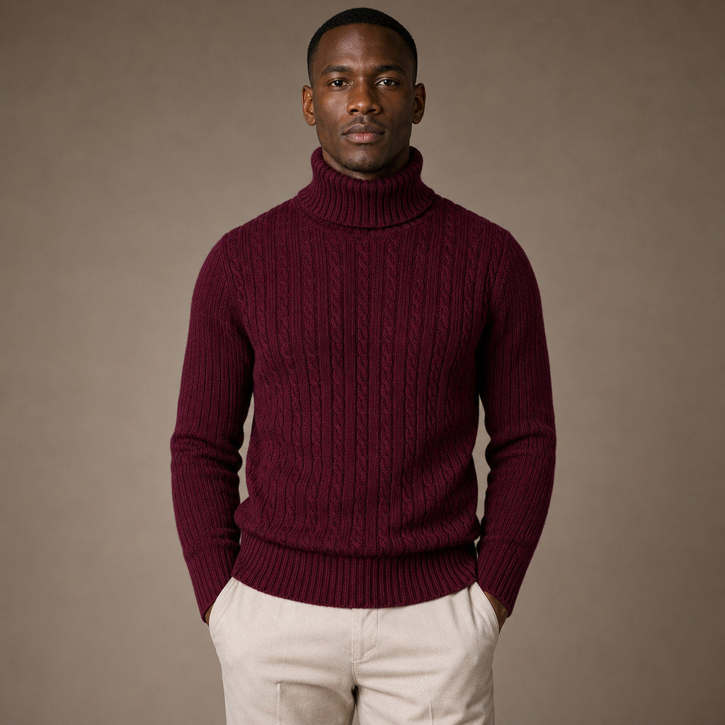 Turtleneck Sweater Cable Knit Slim Fit in Wine – Tarlano Premium Menswear