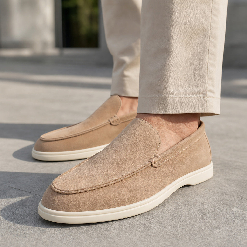 Loafer Shoes Suede Slip-On Driving Shoe Beige – Side Angle View