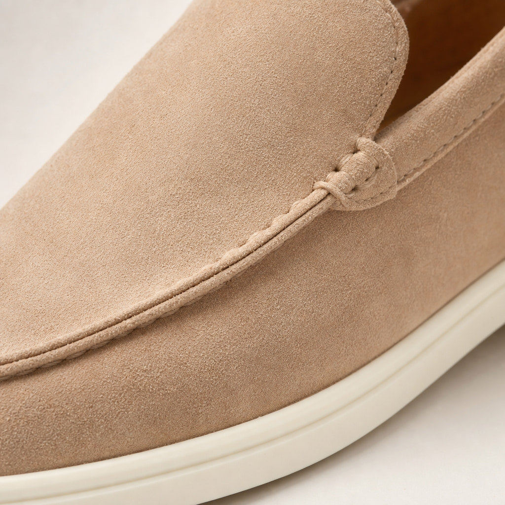Loafer Shoes Suede Slip-On Driving Shoe Beige – Fabric and Detail Close-Up