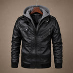 Hooded Winter Jacket Leather Zip Front Black – Product Photo