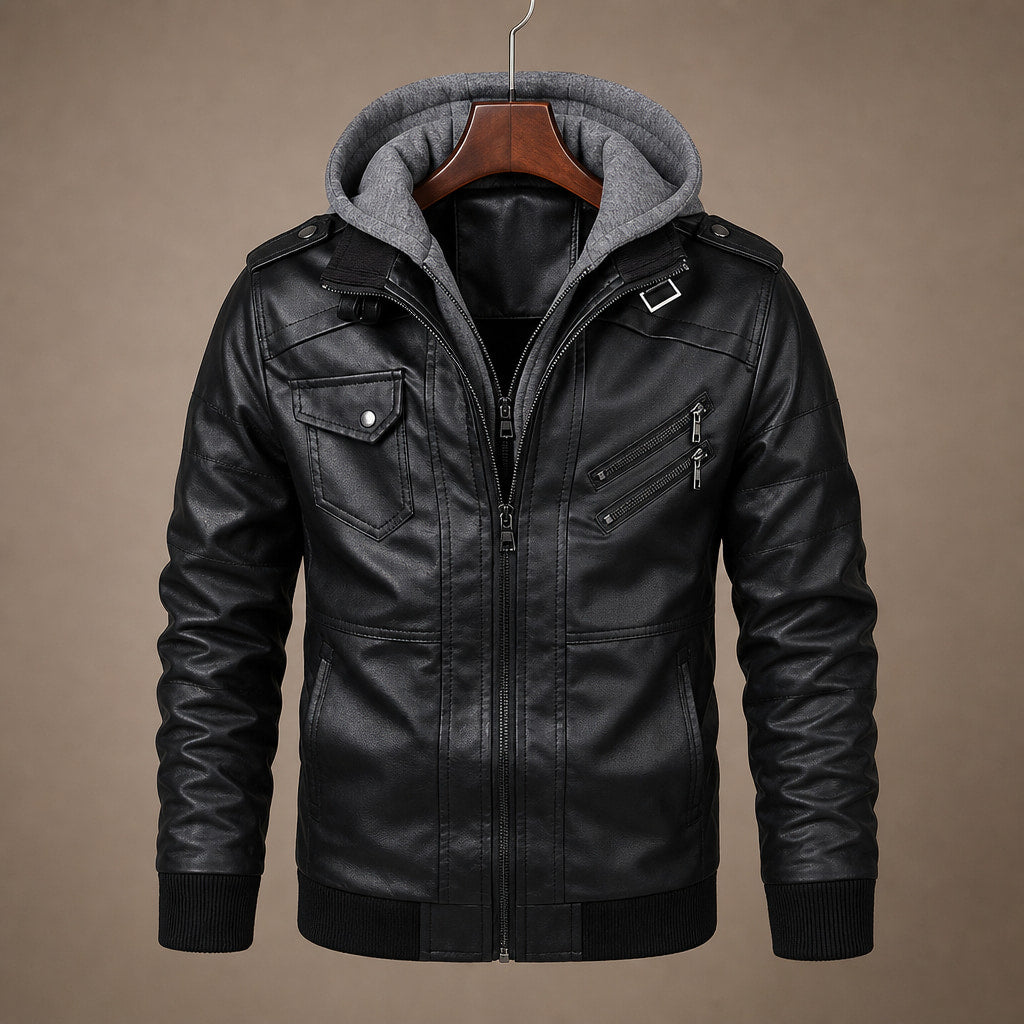 Hooded Winter Jacket Leather Zip Front Black – Product Photo