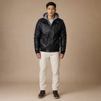 Hooded Winter Jacket Leather Zip Front in Black – Tarlano Premium Menswear