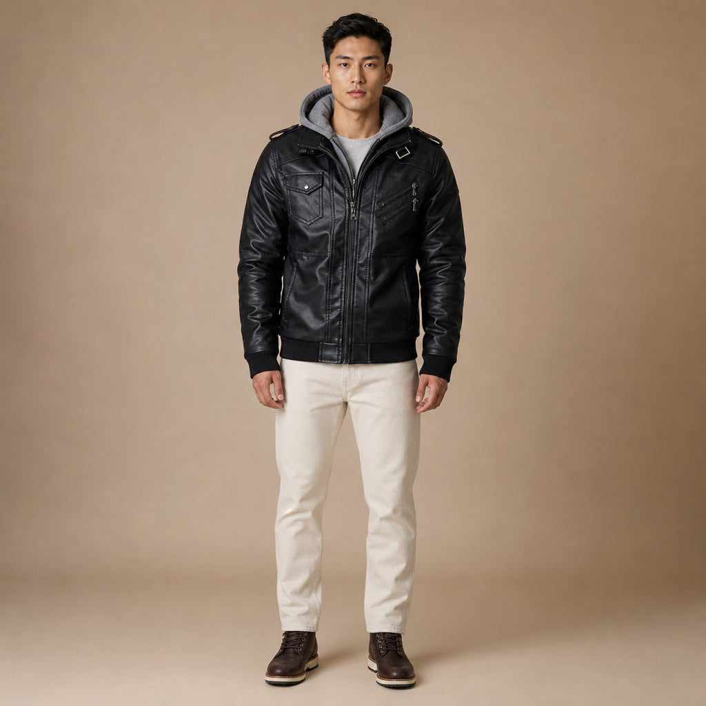 Hooded Winter Jacket Leather Zip Front in Black – Tarlano Premium Menswear