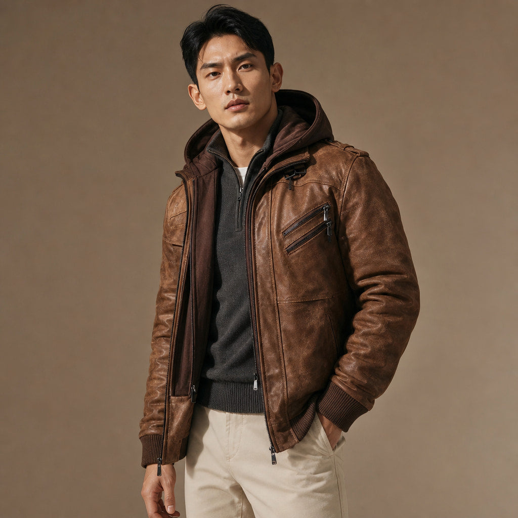 Hooded Winter Jacket Leather Zip Front Brown – Side Angle View