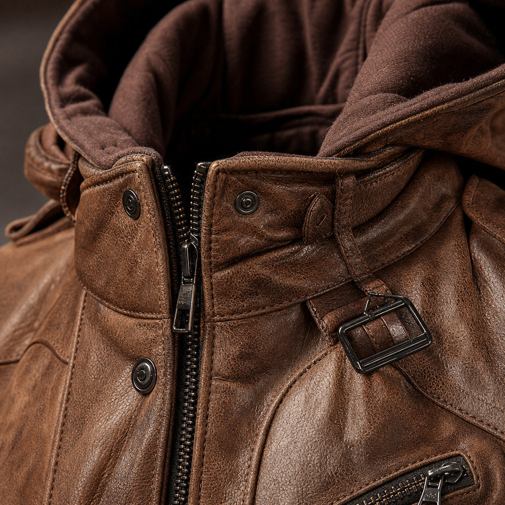 Hooded Winter Jacket Leather Zip Front Brown – Fabric and Detail Close-Up
