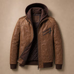 Hooded Winter Jacket Leather Zip Front Brown – Flat Lay Product Photo