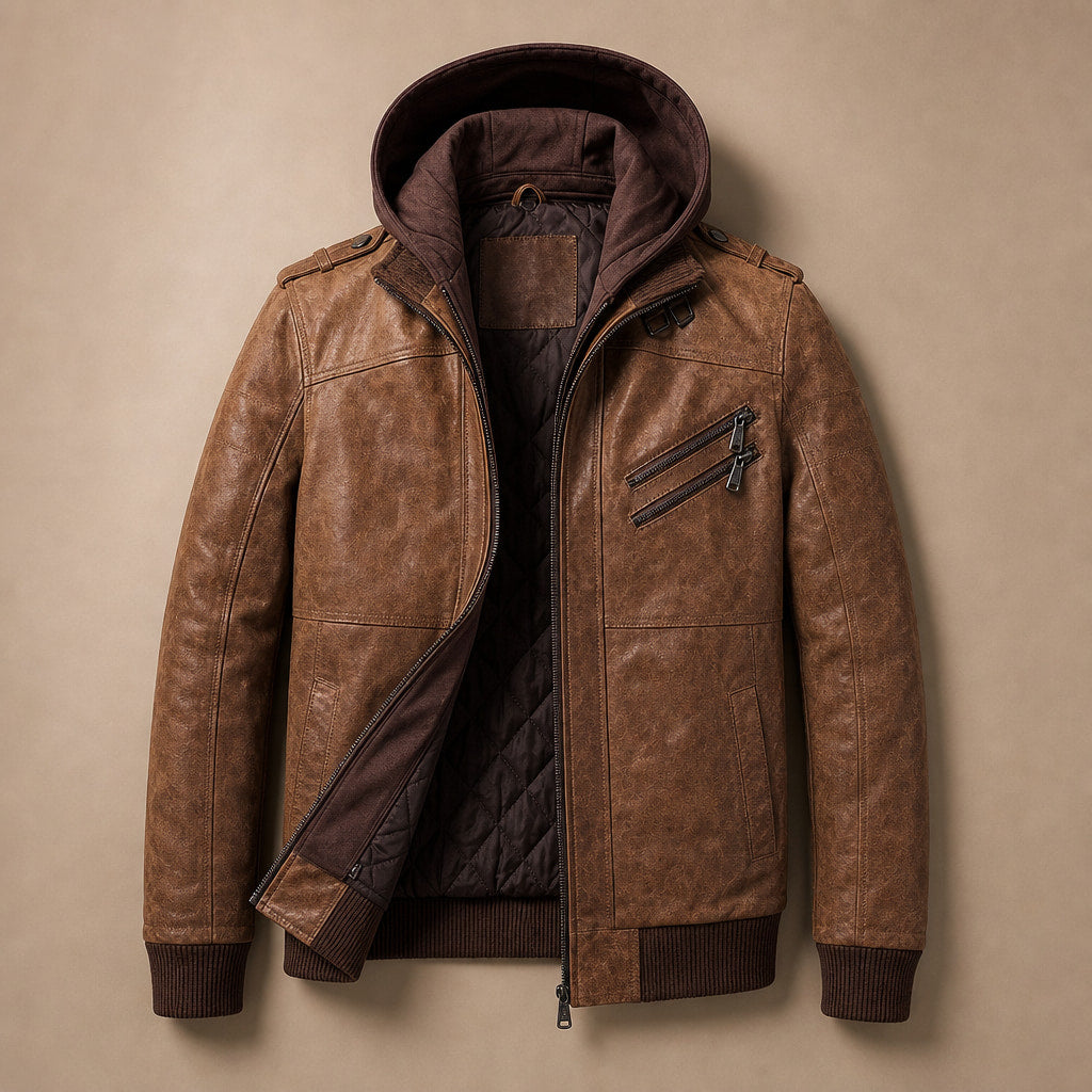 Hooded Winter Jacket Leather Zip Front Brown – Flat Lay Product Photo