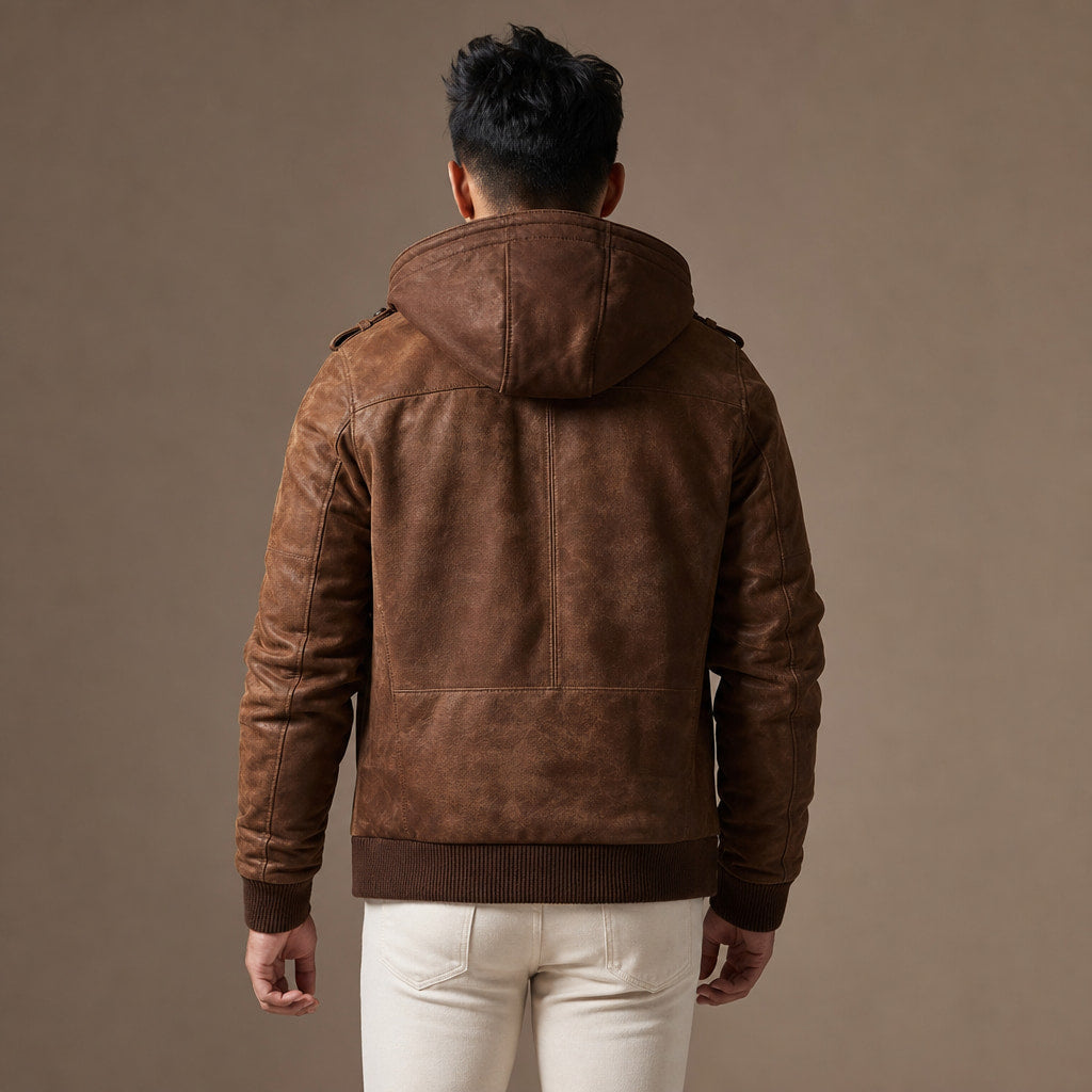 Hooded Winter Jacket Leather Zip Front Brown – Full Look