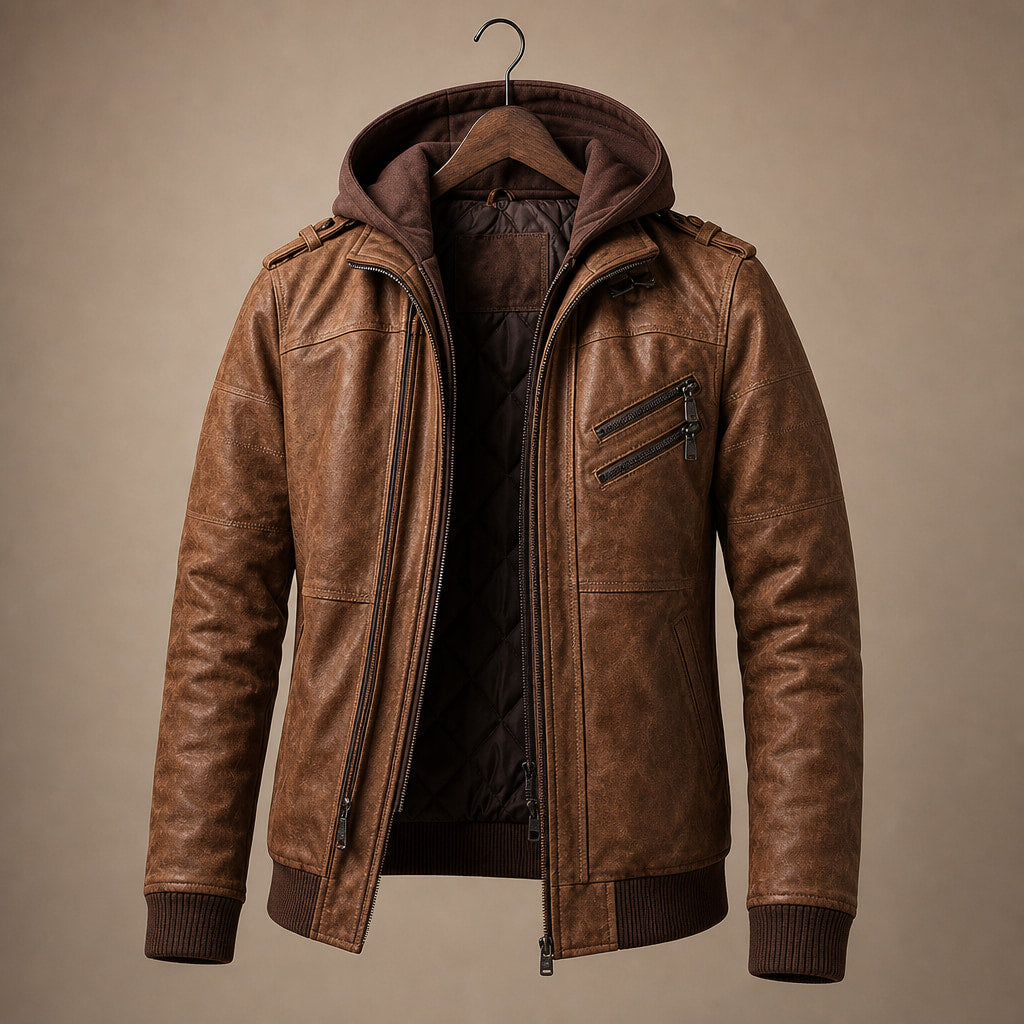 Hooded Winter Jacket Leather Zip Front Brown – Product Photo