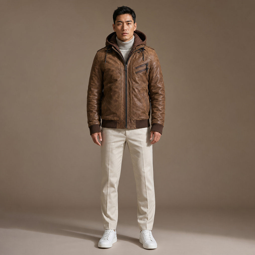 Hooded Winter Jacket Leather Zip Front in Brown – Tarlano Premium Menswear