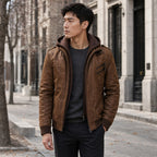 Hooded Winter Jacket Leather Zip Front Brown – Styled Editorial Shot
