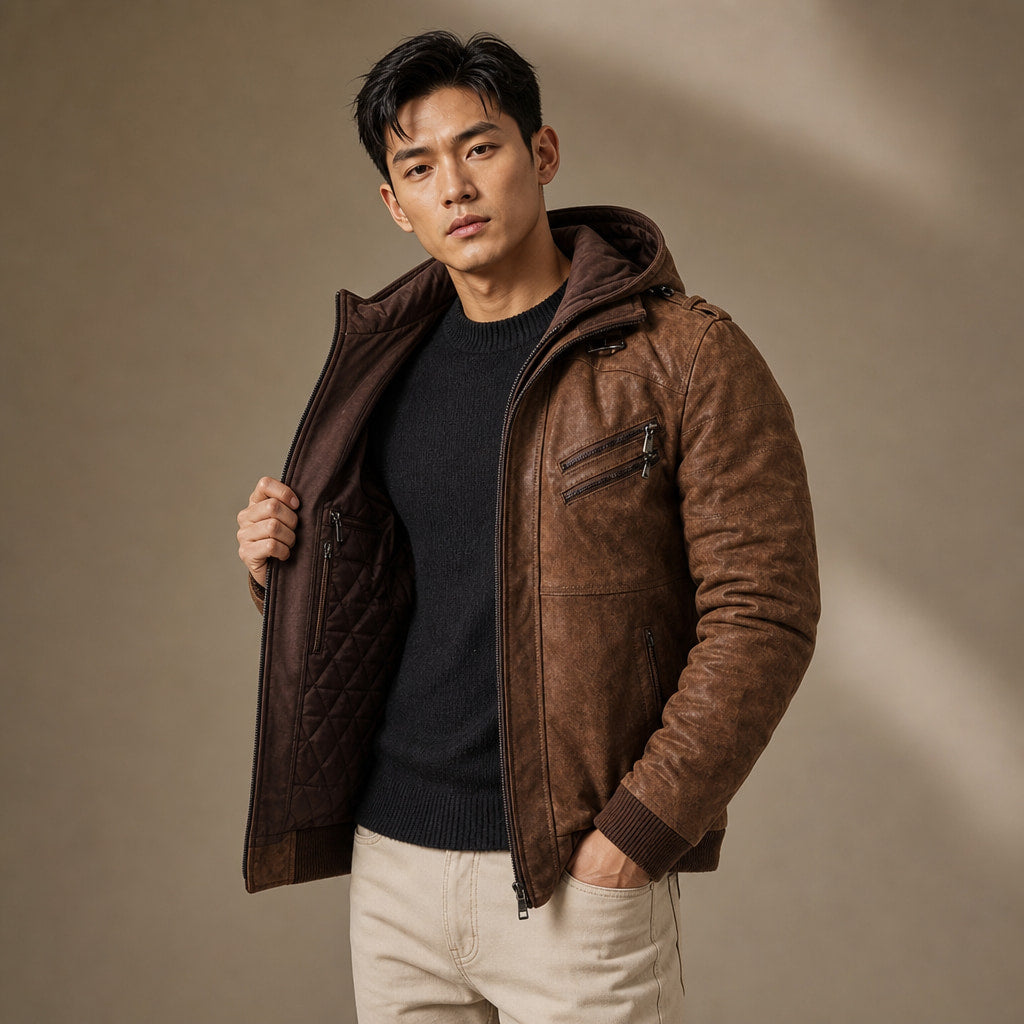 Hooded Winter Jacket Leather Zip Front Brown – Interior Lining Detail