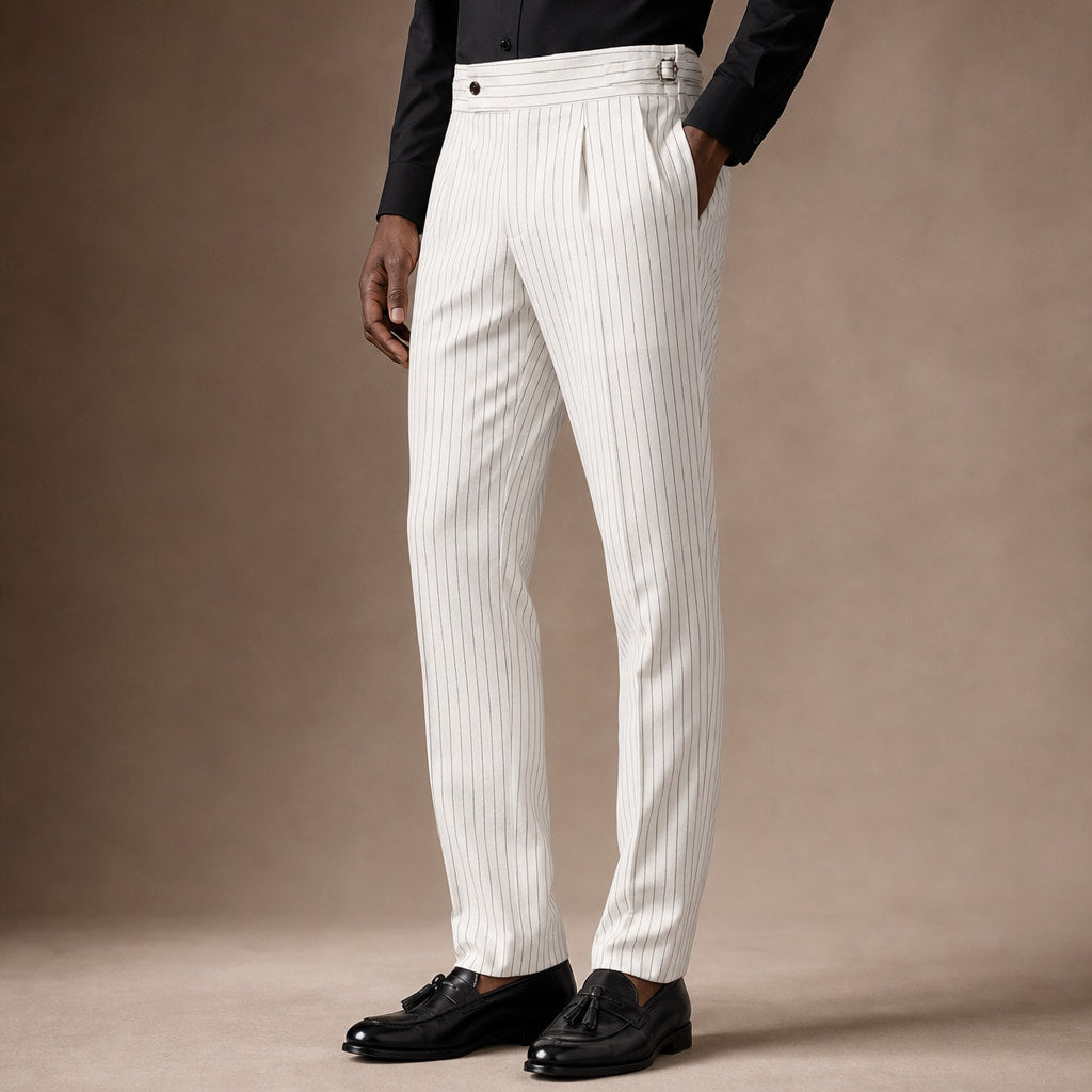 Dress Pants Pleated Front Striped White – Side Angle View