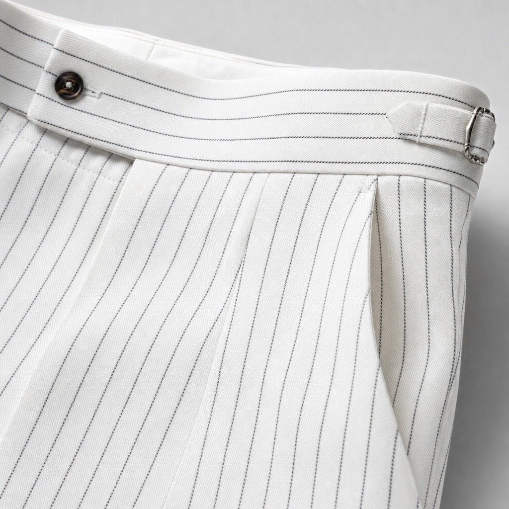 Dress Pants Pleated Front Striped White – Fabric and Detail Close-Up